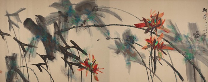 <h2>朝荷</h2><p>作者：黄永玉</p><p>创作年代：1984年</p><p>规格：144.5cm×370cm</p><p>品类：中国画</p>